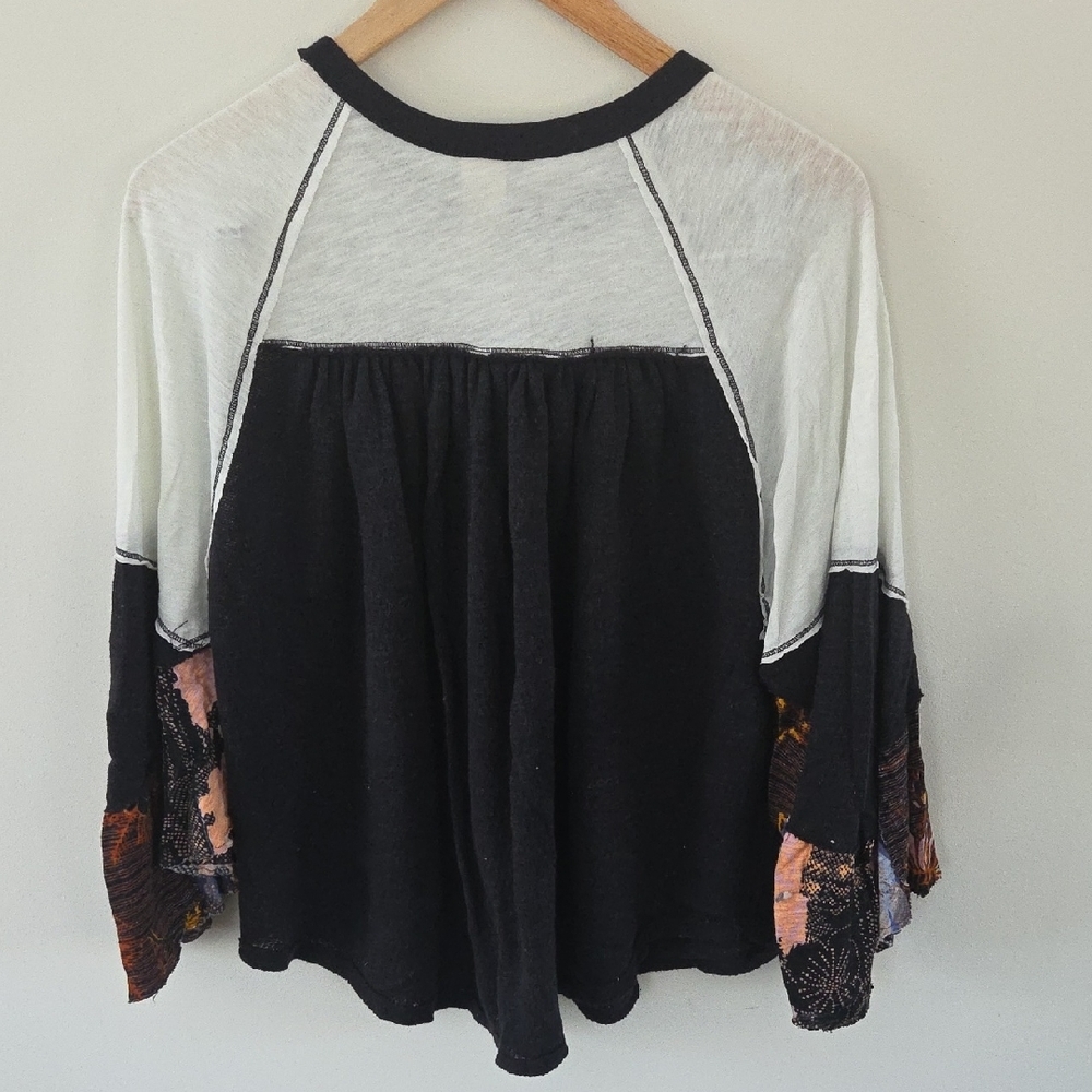 Free People Black and White Long Sleeve Top with Floral Sleeves - Picture 5 of 6